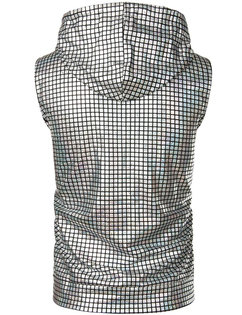 ZEROYAA Mens Hipster Metallic Sequins Zip Up Sleeveless Hooded Vest T Shirt with Kangaroo Pocket ZLSV17 Silver Small - Image 2